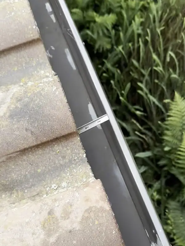 After: A gutter run after a High Tide cleaning: empty, rinsed and free of leaves along a tile roof