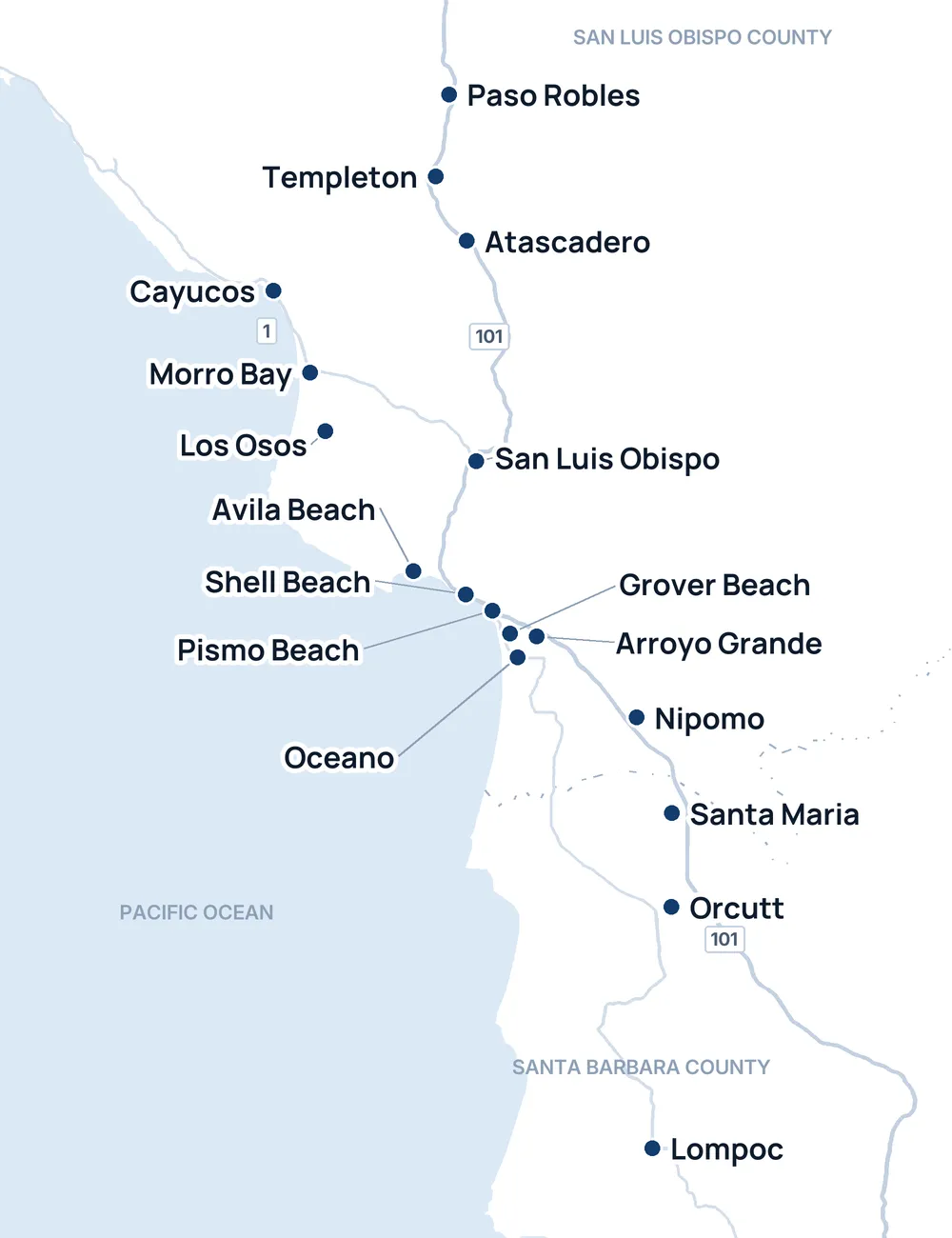 Map of the 17 towns High Tide Window Cleaning serves, from Paso Robles to Lompoc